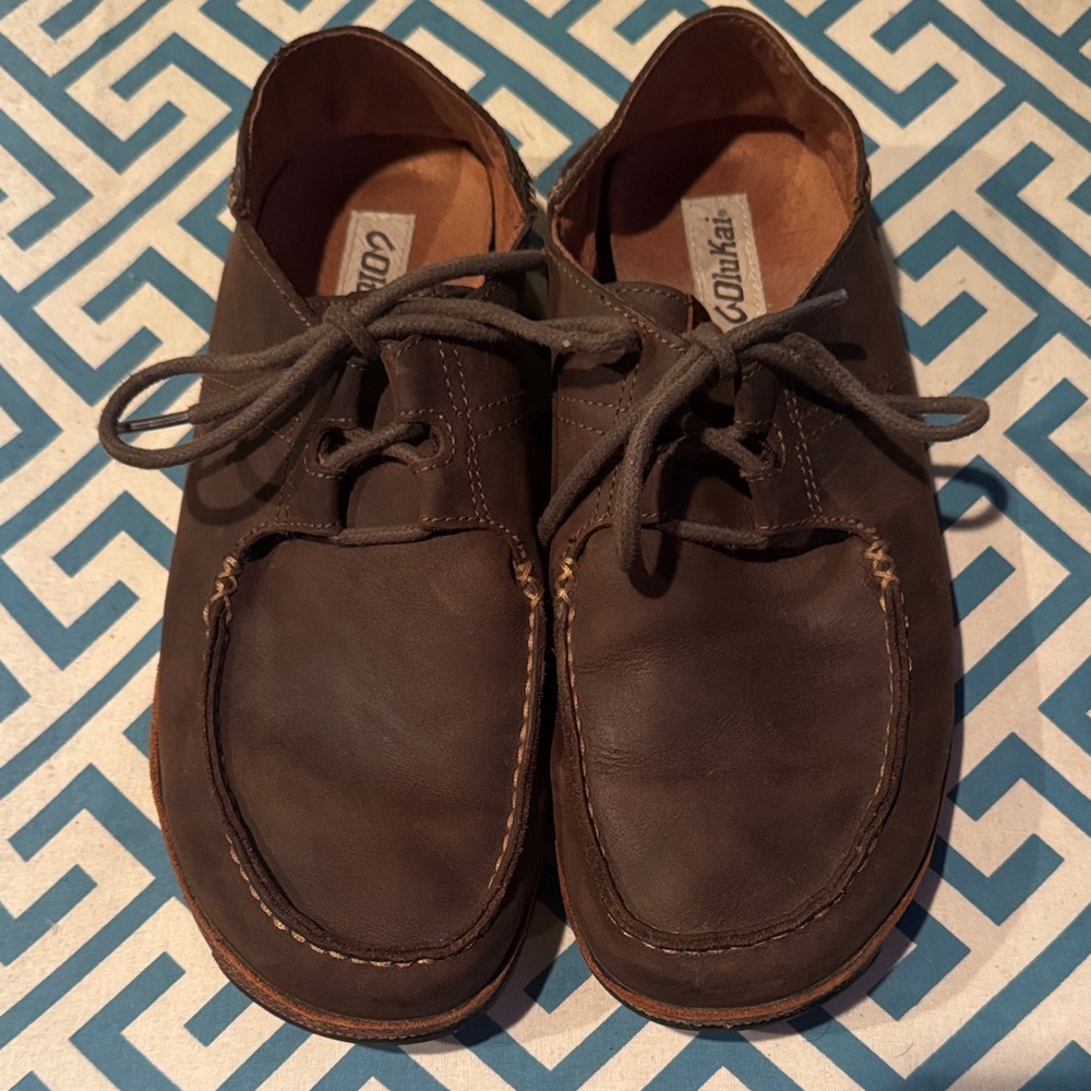 OluKai Dark Brown Leather Boat Shoes
